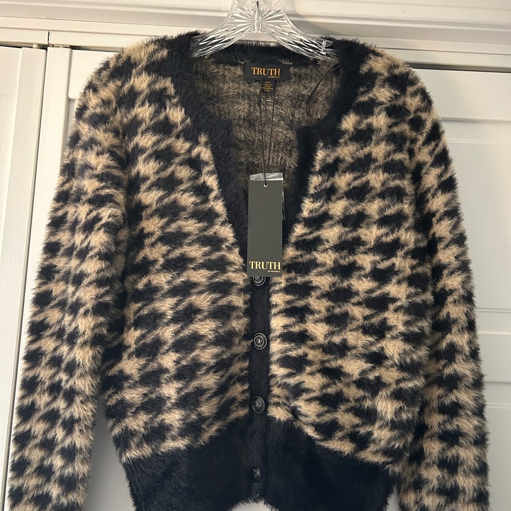 TRUTH Black and Cream Fuzzy Houndstooth Button-Front Cardigan